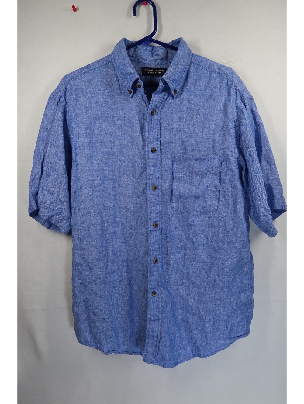 Roundtree & Yorke 100% Linen Short Sleeve Button Down Shirt Men's Medium Blue